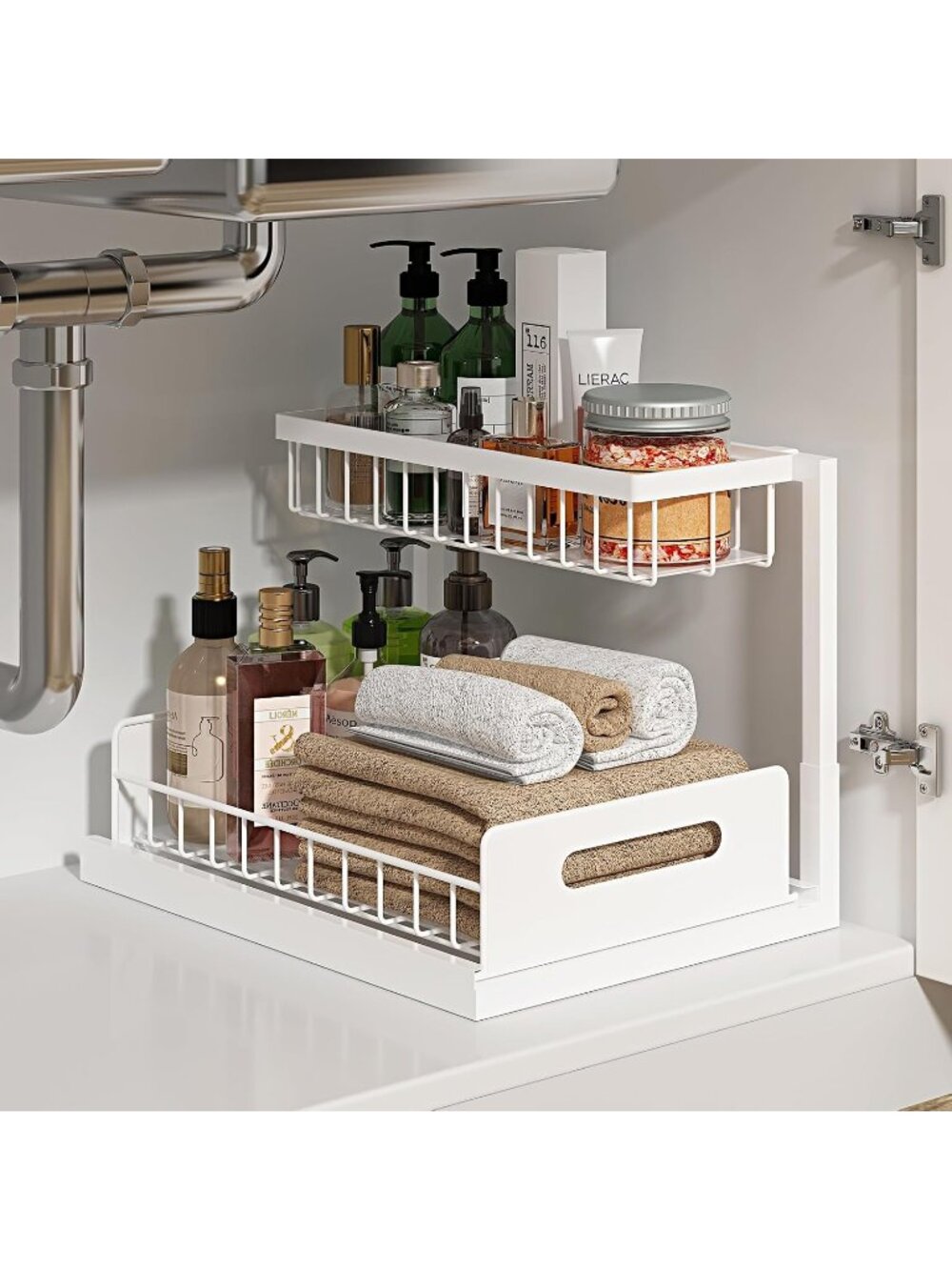 New Under Sink Organizer, L-Shaped 2 Tier Pull Out Cabinet Organizer